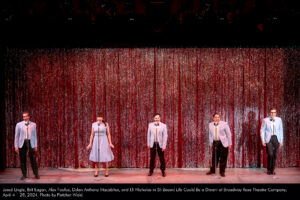 Jared Lingle, Brit Eagan, Alex Foufos, Dylan Anthony Macabitas, and Eli Nicholas in Sh-Boom! Life Could Be a Dream at Broadway Rose Theatre Company, April 4 – 28, 2024. Photo by Fletcher Wold.