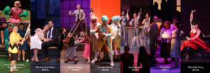 A collage of photos from past shows including You're A Good Man Charlie Brown, The Last Five Years, Up and Away, Into the Woods, Mamma Mia, Company, and West Side Story.