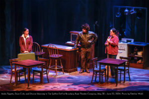 Malia Tippets, Dave Cole, and Sharon Maroney in The Spitfire Grill at Broadway Rose Theatre Company, May 30 - June 23, 2024. Photo by Fletcher Wold.