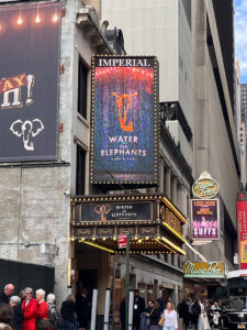 Photo of the marquee and glowing sign for Water For Elephants on Broadway. It is a bright, sunny day in New York City, and the crowds are bustling down the sidewalk.