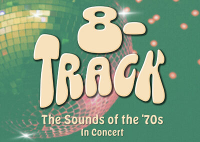 Logo for Eight-Track, the Sounds of the 70s in Concert. A green and pink tinted photo of a disco ball hangs from a ceiling with the title in big, blobby 1970s letters in front.