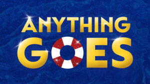 Logo for Anything Goes. The words in gold lettering hang above an image of ocean waves.