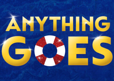 Logo for Anything Goes. The words in gold lettering hang above an image of ocean waves.