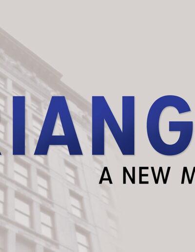 The words Triangle a new musical hang in front of a gray photo of the Triangle building in New York.