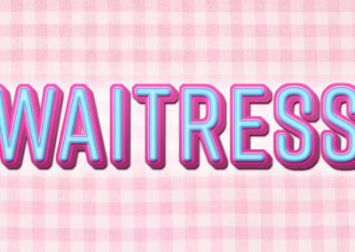 Logo for Waitress. The title, in a restaurant's neon sign glowing font, hangs in front of a pink plaid tablecloth, like a 50s diner.
