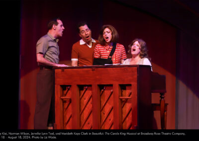 Joey Klei, Norman Wilson, Jennifer Lynn Teel, and Merideth Kaye Clark in Beautiful: The Carole King Musical at Broadway Rose Theatre Company, July 18 – August 18, 2024. Photo by Liz Wade.