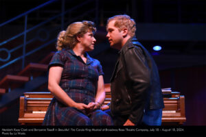 Merideth Kaye Clark and Benjamin Tissell in Beautiful: The Carole King Musical at Broadway Rose Theatre Company, July 18 - August 18, 2024. Photo by Liz Wade.