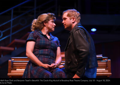 Merideth Kaye Clark and Benjamin Tissell in Beautiful: The Carole King Musical at Broadway Rose Theatre Company, July 18 - August 18, 2024. Photo by Liz Wade.