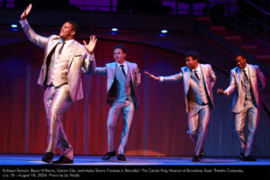 Richaun Stewart, Bryce Williams, Darion Elie, and Myles Sturns-Thomas in Beautiful: The Carole King Musical at Broadway Rose Theatre Company, July 18 - August 18, 2024. Photo by Liz Wade.