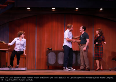 Merideth Kaye Clark, Benjamin Tissell, Norman Wilson, and Jennifer Lynn Teel in Beautiful: The Carole King Musical at Broadway Rose Theatre Company, July 18 - August 18, 2024. Photo by Liz Wade.
