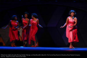 Chloe Evans (right) with Lydia Fleming, Kurleen George, and Bree Boswell in Beautiful: The Carole King Musical at Broadway Rose Theatre Company, July 18 – August 18, 2024. Photo by Liz Wade.