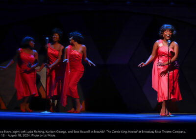 Chloe Evans (right) with Lydia Fleming, Kurleen George, and Bree Boswell in Beautiful: The Carole King Musical at Broadway Rose Theatre Company, July 18 – August 18, 2024. Photo by Liz Wade.