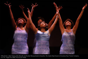 Chloe Evans, Lydia Fleming, Bree Boswell, and Kurleen George (back) in Beautiful: The Carole King Musical at Broadway Rose Theatre Company, July 18 – August 18, 2024. Photo by Liz Wade.
