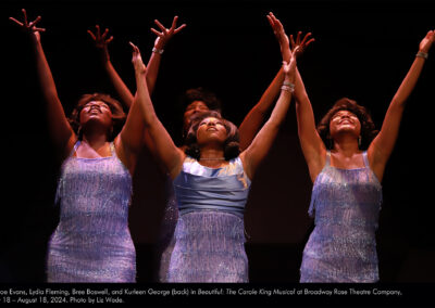 Chloe Evans, Lydia Fleming, Bree Boswell, and Kurleen George (back) in Beautiful: The Carole King Musical at Broadway Rose Theatre Company, July 18 – August 18, 2024. Photo by Liz Wade.