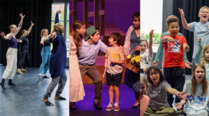 Photo collage of images from an adult dance class, our 2023 Teen Summer Production of Big Fish, and a rehearsal for Kids Spring Break camp.