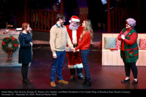 Hailee Elders, Nick Serrone, Brandon B. Weaver, Erin Tamblyn, and Blythe Woodland in Five Golden Rings at Broadway Rose Theatre Company, November 27 - December 22, 2024. Photo by Fletcher Wold.