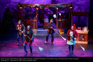 Dustin Fuentes, Gabie Mbenza-Ngoma, Brian Kennedy, and Blythe Woodland in Five Golden Rings at Broadway Rose Theatre Company, November 27 - December 22, 2024. Photo by Fletcher Wold.