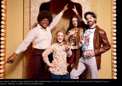 Richaun Stewart, Jennifer Davies, Jennifer Lynn Teel, and Nate Ayers in 8-Track: The Sounds of the '70s at Broadway Rose Theatre Company, January 23 - February 16, 2025. Photo by Fletcher Wold.