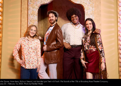 Jennifer Davies, Nate Ayers, Richaun Stewart, and Jennifer Lynn Teel in 8-Track: The Sounds of the '70s at Broadway Rose Theatre Company, January 23 - February 16, 2025. Photo by Fletcher Wold.