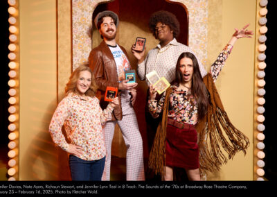 Jennifer Davies, Nate Ayers, Richaun Stewart, and Jennifer Lynn Teel in 8-Track: The Sounds of the '70s at Broadway Rose Theatre Company, January 23 - February 16, 2025. Photo by Fletcher Wold.