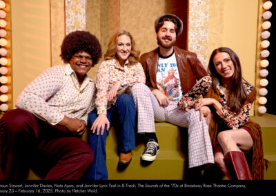 Richaun Stewart, Jennifer Davies, Nate Ayers, and Jennifer Lynn Teel in 8-Track: The Sounds of the '70s at Broadway Rose Theatre Company, January 23 - February 16, 2025. Photo by Fletcher Wold.