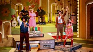 Richaun Stewart, Jennifer Davies, Nate Ayers, and Jennifer Lynn Teel in 8-Track: The Sounds of the '70s at Broadway Rose Theatre Company, January 23 - February 16, 2025. Photo by Fletcher Wold.