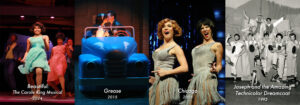 Banner featuring photos from our 2024 production of Beautiful the Carole King Musical, our 2015 production of Grease, our 2005 production of Chicago, and our very first show, the 1992 production of Joseph and the Amazing Technicolor Dreamcoat.