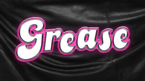 Logo graphic for Grease. The word Grease is in embossed lettering with a pink outline, looks a bit like a shiny car make and model decal. This is overlaid onto an image of the back of a shiny black leather jacket.