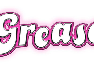Logo graphic for Grease without a background. The word Grease is in embossed lettering with a pink outline, looks a bit like a shiny car make and model decal.
