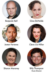 Photos of the spring cabaret cast, including Benjamin Bell, Gine DeNoble, Jomar Ferreras, Clara-Liis Hillier, Sharon Maroney and music director Billy Thompson.