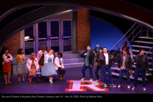 The cast of Grease at Broadway Rose Theatre Company, April 10 – May 18, 2025. Photo by Fletcher Wold.