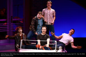 Teddy Sferrazza, Dillon Giles, Bryce Earhart, Christian Lane Miller, and Victor Polanco in Grease at Broadway Rose Theatre Company, April 10 – May 18, 2025. Photo by Fletcher Wold.