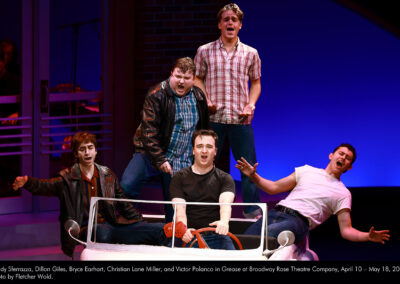Teddy Sferrazza, Dillon Giles, Bryce Earhart, Christian Lane Miller, and Victor Polanco in Grease at Broadway Rose Theatre Company, April 10 – May 18, 2025. Photo by Fletcher Wold.