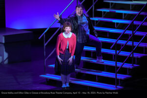 Grace Malloy and Dillon Giles in Grease at Broadway Rose Theatre Company, April 10 – May 18, 2025. Photo by Fletcher Wold.
