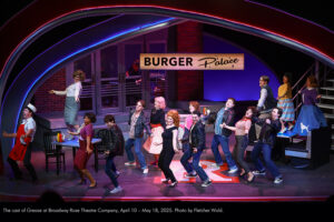 The cast of Grease at Broadway Rose Theatre Company, April 10 – May 18, 2025. Photo by Fletcher Wold.