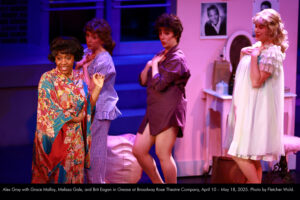 Alex Gray with Grace Malloy, Melissa Gale, and Brit Eagan in Grease at Broadway Rose Theatre Company, April 10 – May 18, 2025. Photo by Fletcher Wold.
