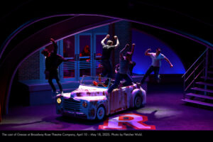 The cast of Grease at Broadway Rose Theatre Company, April 10 – May 18, 2025. Photo by Fletcher Wold.