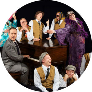 Promo photo from our production of Murder for Two, showing many photos of David Saffert and all of his personalities from that show.