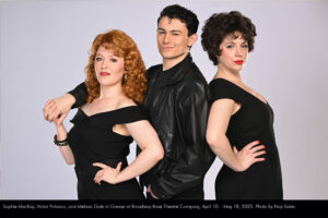 Sophie MacKay, Victor Polanco, and Melissa Gale in Grease at Broadway Rose Theatre Company, April 10 – May 18, 2025. Photo by Naji Saker.