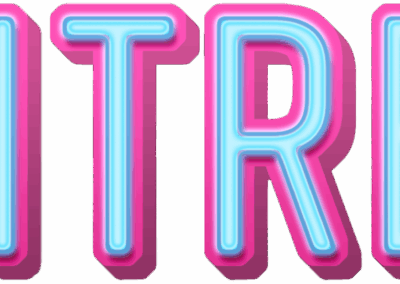 The logo for our production of Waitress. The lettering is tall and blue with a pink outline, like a raised neon sign.