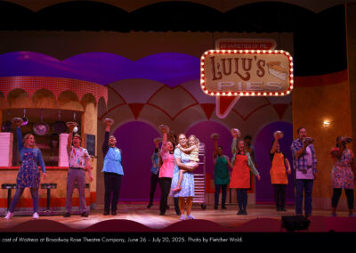 The cast of Waitress at Broadway Rose Theatre Company, June 26 - July 20, 2025. Photo by Fletcher Wold.