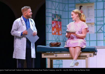 Benjamin Tissell and Leah Yorkston in Waitress at Broadway Rose Theatre Company, June 26 - July 20, 2025. Photo by Fletcher Wold.