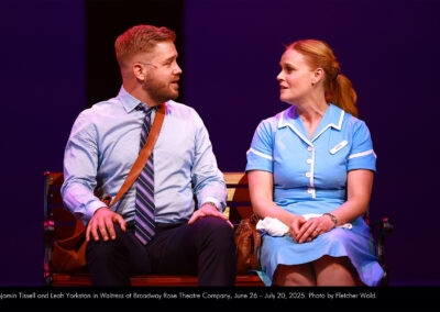 Benjamin Tissell and Leah Yorkston in Waitress at Broadway Rose Theatre Company, June 26 - July 20, 2025. Photo by Fletcher Wold.