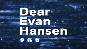 Logo for Dear Even Hansen. Plain white text of the show's name appears over an image of what appears to be dozens of tiny screens, like phones and televisions, symbolizing the noise of social media in the world today.