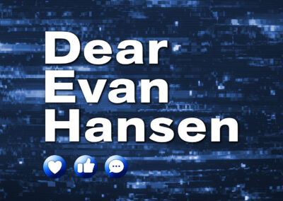 Logo for Dear Even Hansen. Plain white text of the show's name appears over an image of what appears to be dozens of tiny screens, like phones and televisions, symbolizing the noise of social media in the world today.