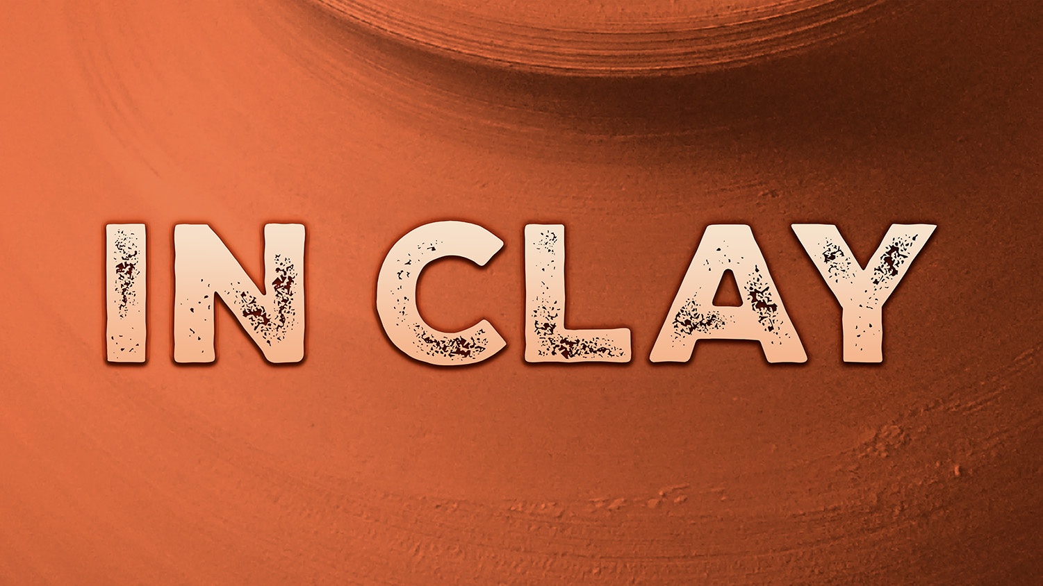 Logo for In Clay, with bold, pinkish lettering over a close up image of a clay pot on a spinning wheel as photographed from above.