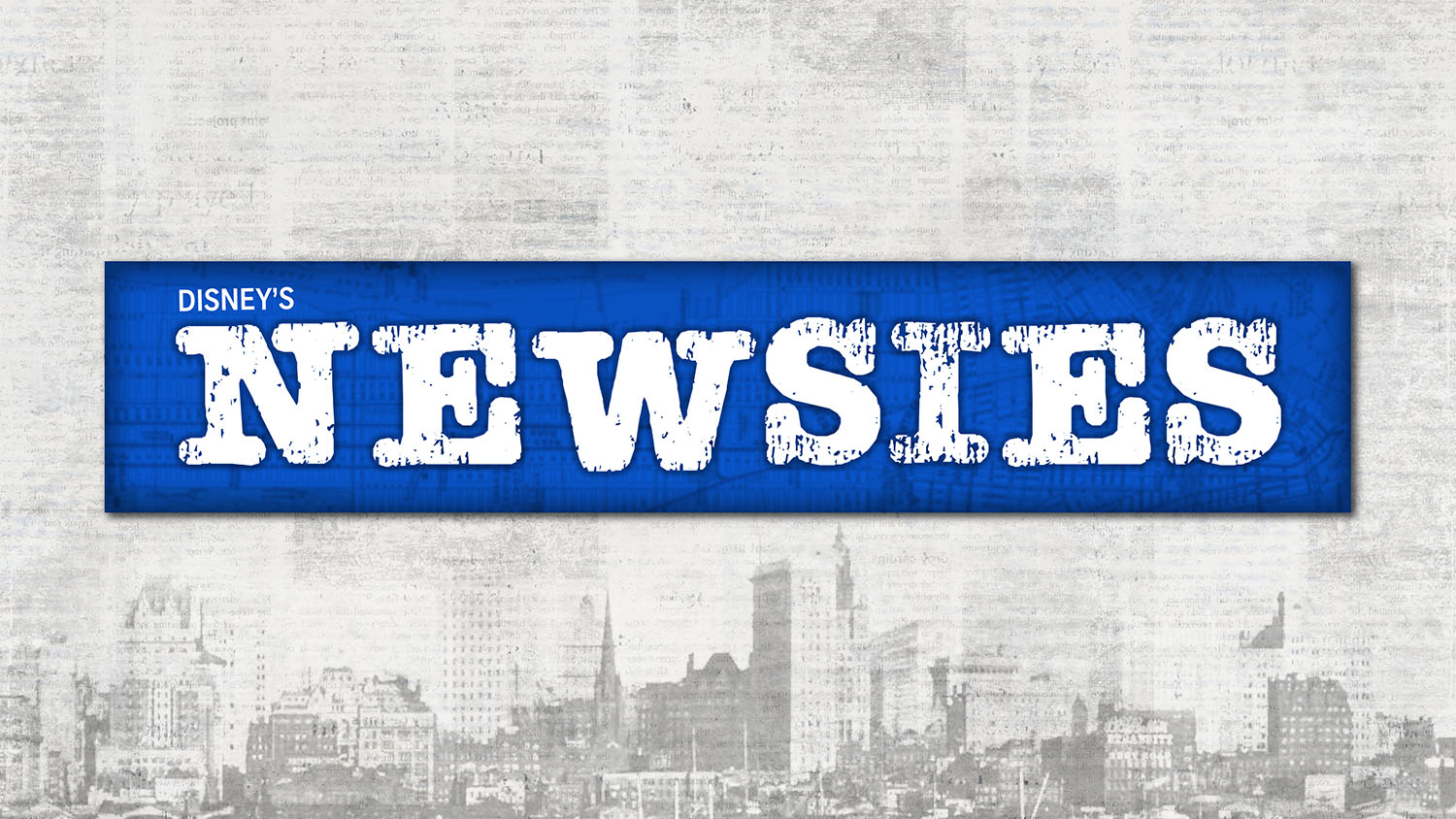 Logo for Newsies. The text is in an old newsprint font surrounded by a bright blue box. Behind that, in the background, it an old photograph of the New York skyline from the early 20th century.