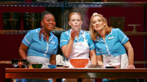 Chloe Evans, Leah Yorkston, and Sydney Deputy in Waitress at Broadway Rose Theatre Company, June 26 - July 20, 2025. Photo by Fletcher Wold.