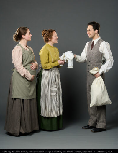 Malia Tippets, Sophie MacKay, and Alex Foufos in Triangle at Broadway Rose Theatre Company, September 18 - October 12, 2025. Photo by Fletcher Wold.