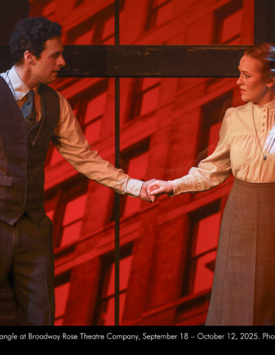 Alex Foufos and Sophie MacKay in Triangle at Broadway Rose Theatre Company, September 18 - October 12, 2025. Photo by Fletcher Wold.